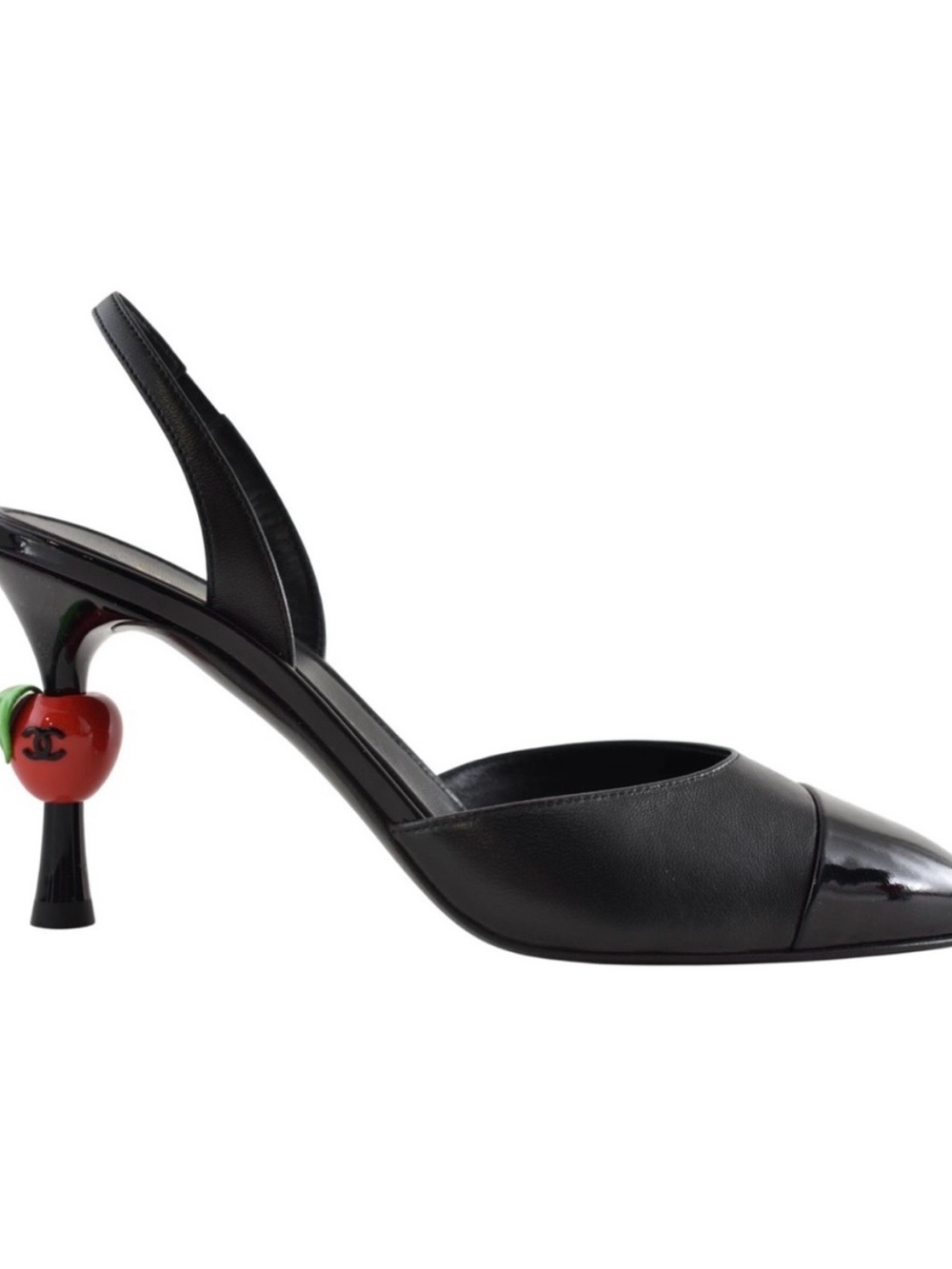 NWT CHANEL Black Leather Slingback Pump with Red Apple Heel Accent